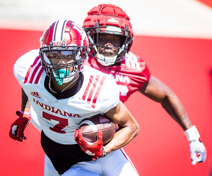 Indiana's E.J. Williams (7) runs after the catch during Indiana football's Spring Football Saturday event at Memorial Stadium on Saturday, April 15, 2203.